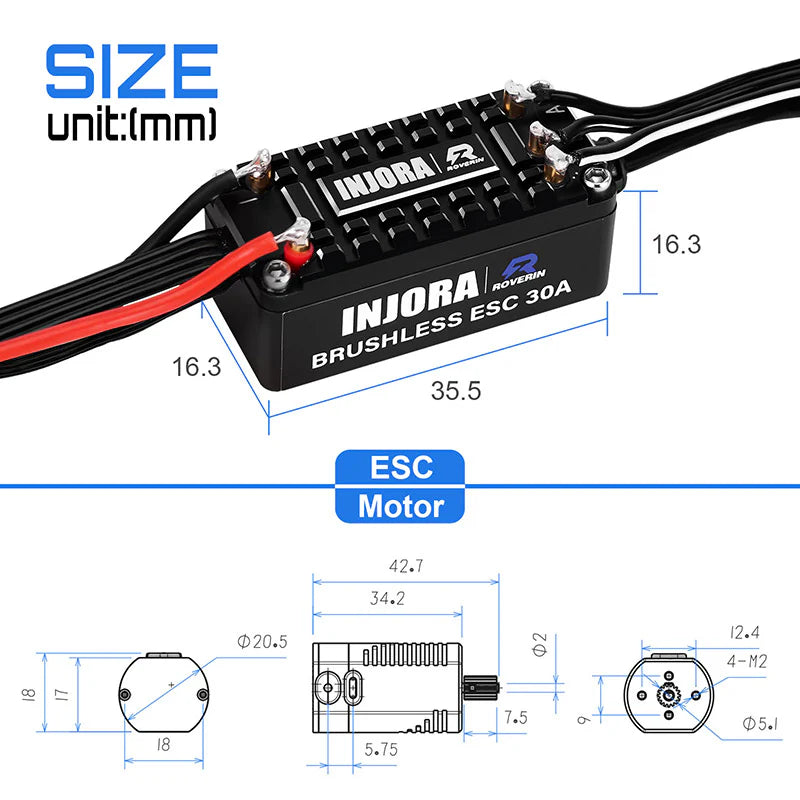 INJORA Roverin FOC Sensored Brushless ESC & Motor Combo for 1/18 TRX4M Ascent18 (4800Kv)