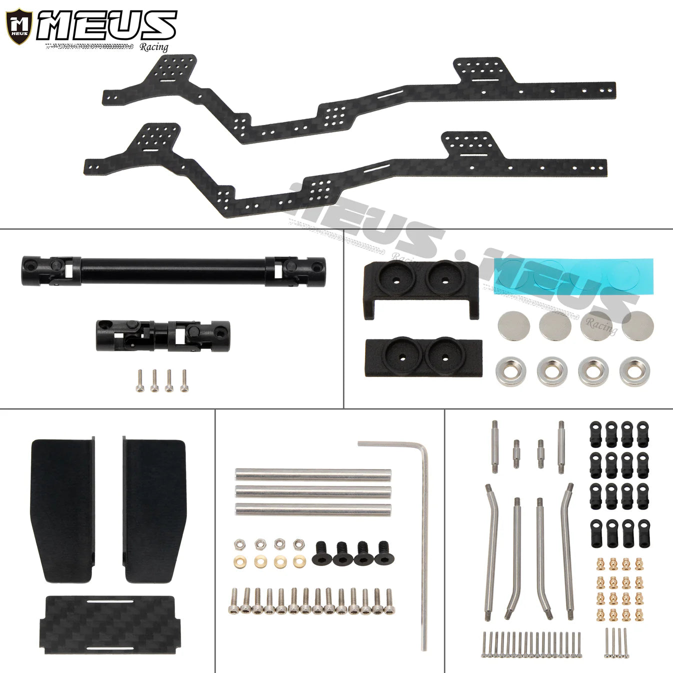 Meus Racing 1/24 LCG Carbon Fiber Chassis Frame Bend Links Drive Shaft Magnetic Invisible Body Mount 132MM Wheelbase for SCX24 C10 Wrangler