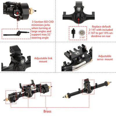 MEUS Racing SCX24 Metal V2 Isokinetic Front Rear Axles +5MM Isokinetic 3-Section CVD With 52° Steering Angle For 1/24 SCX24